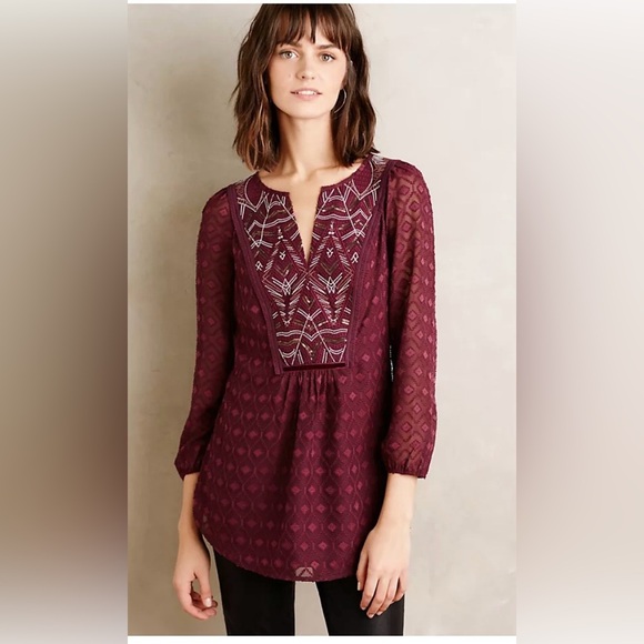 Anthropologie Tops - Anthropologie OneSeptember Peasant Blouse burgundy sequin embroidery Boho Tunic